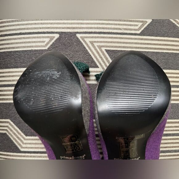 Primadonna Vera Pelle Purple Felt Wool Crochet Floral Peep Toe Pumps Size 10 - Picture 15 of 16
